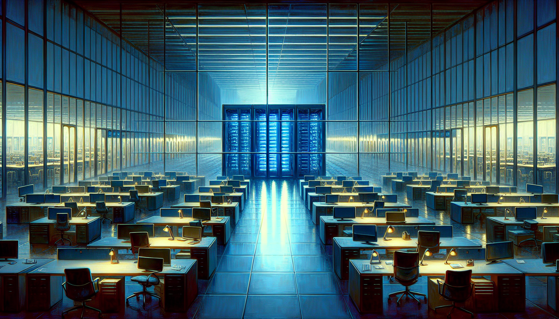 Empty open-plan office with rows of vacant desks