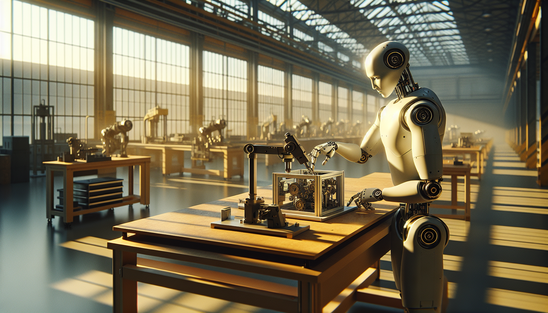 A humanoid robot performing a dexterous task in an industrial setting, natural lighting