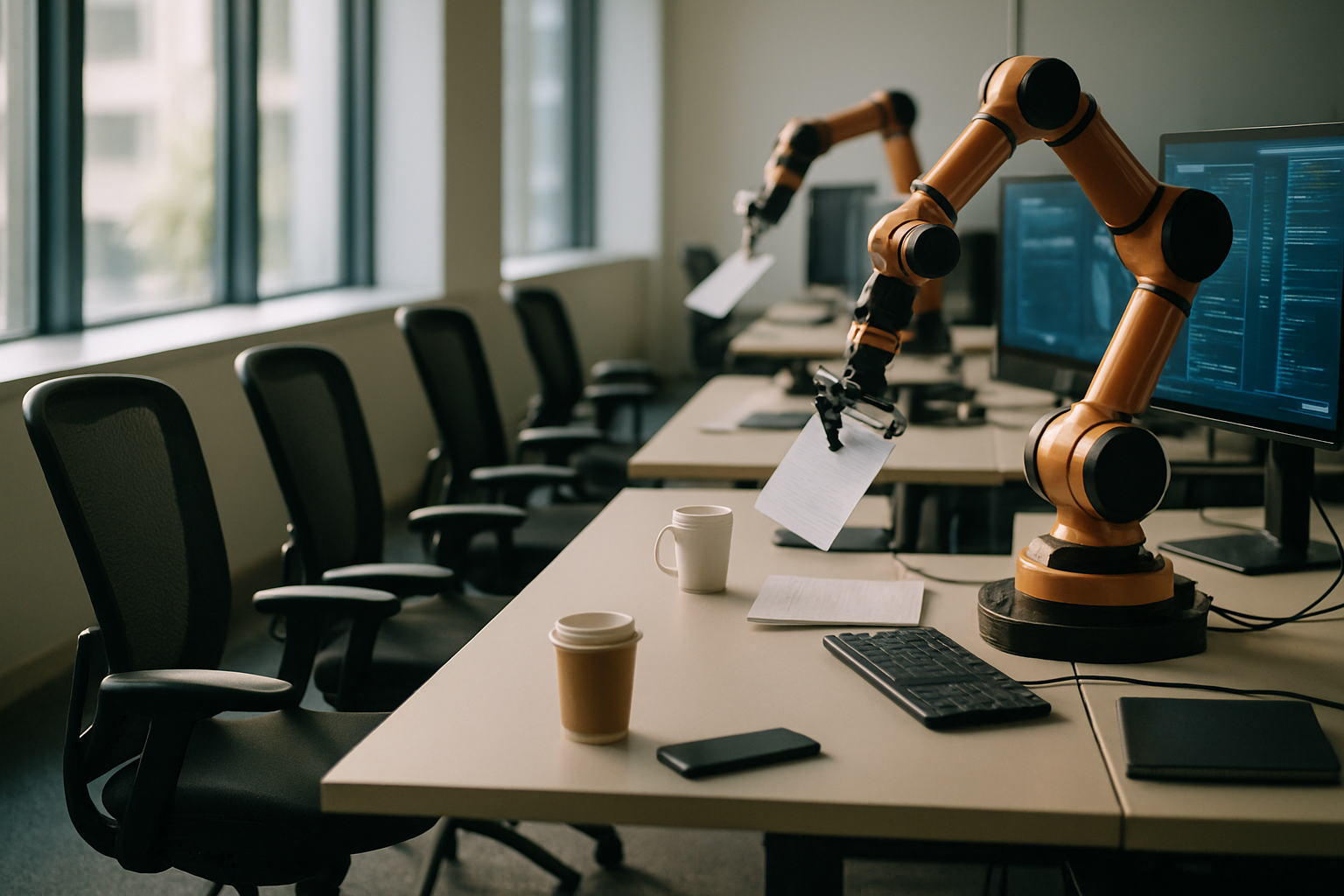 Industrial robot arm beside an empty office chair