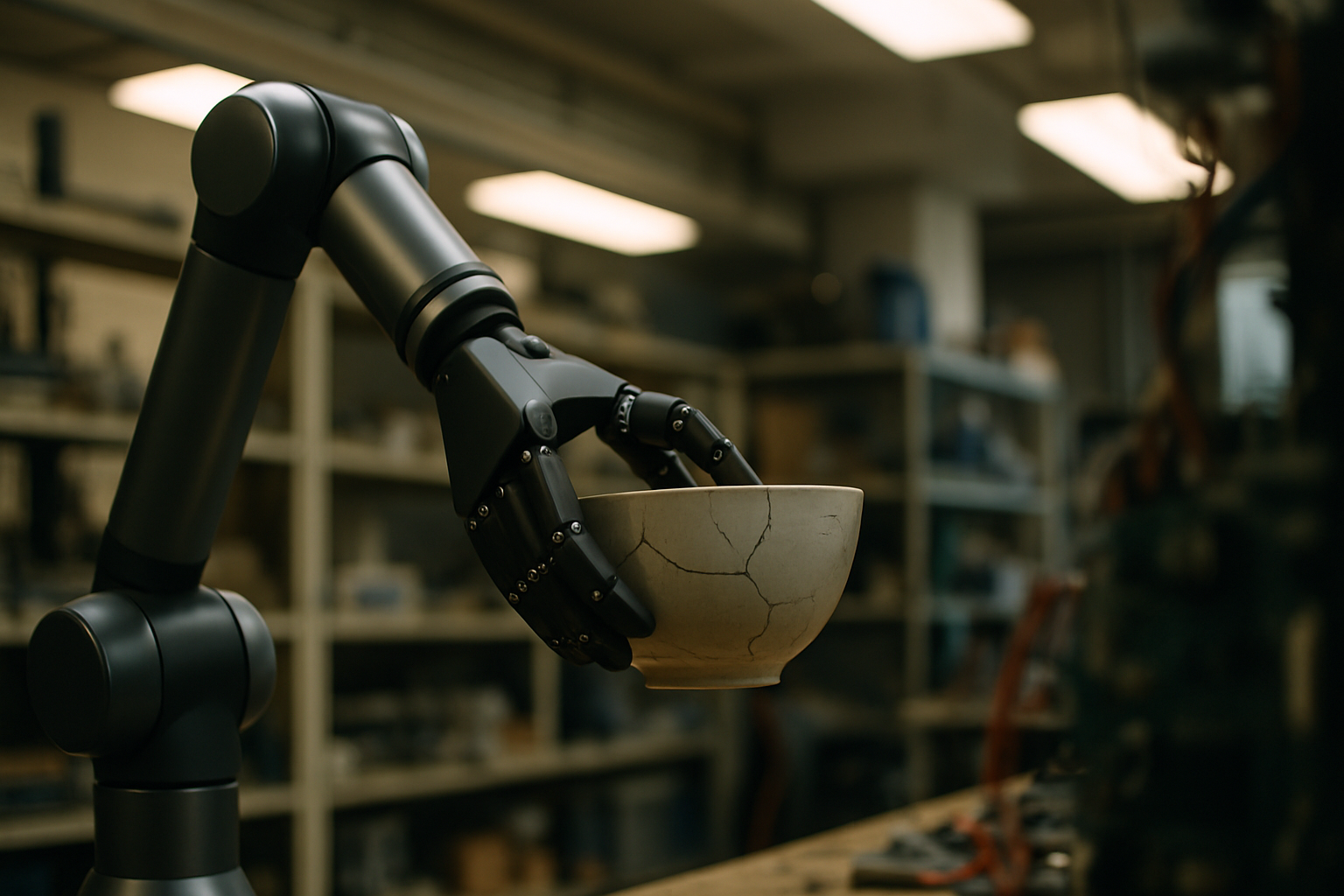 A robot arm carefully handling a fragile object in a research lab, thinking before acting