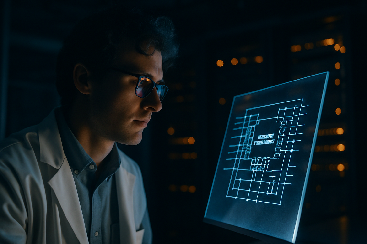 A researcher examining quantum processor schematics under blue laboratory light