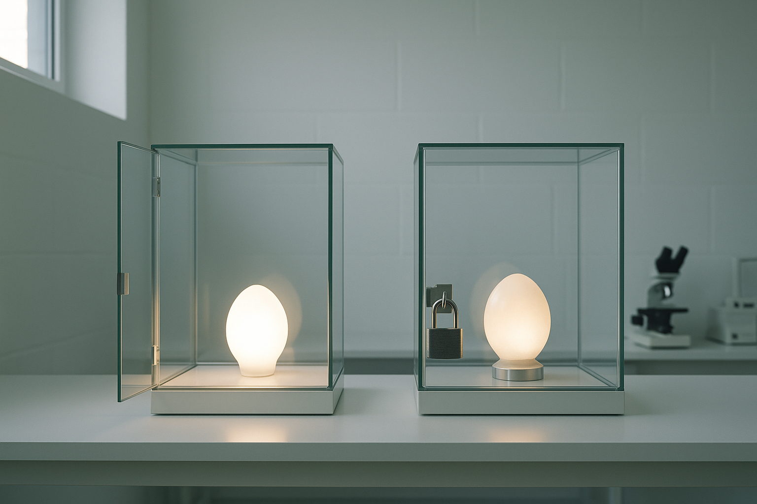 Two versions of the same tool behind glass, one accessible, one locked away