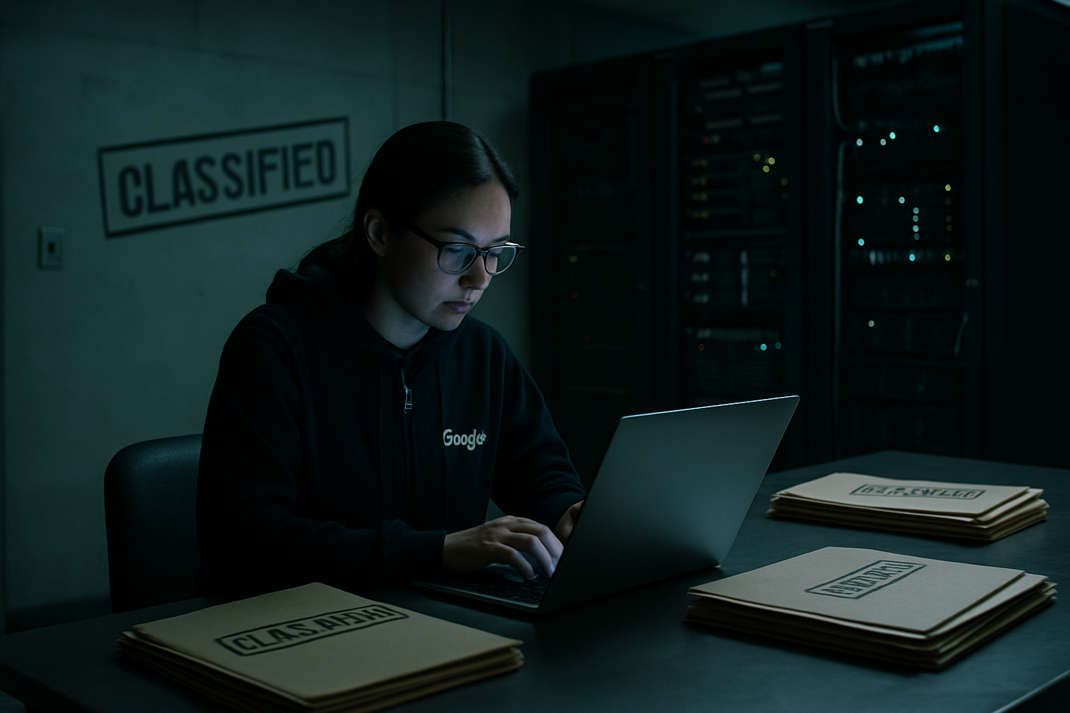 A Pentagon official and a Google executive in a classified briefing room