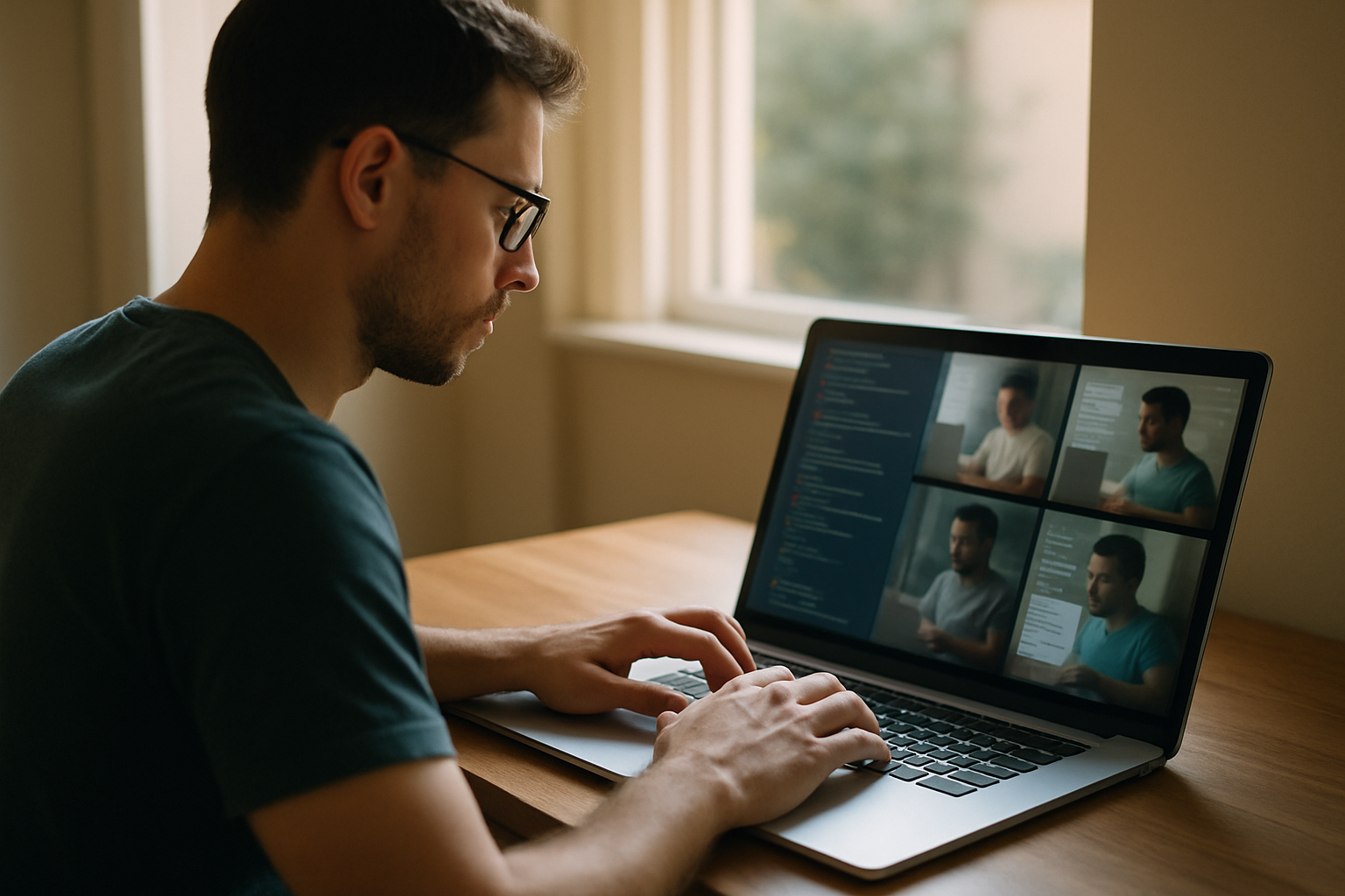 Multiple translucent agent windows working across a MacOS desktop while a developer looks on