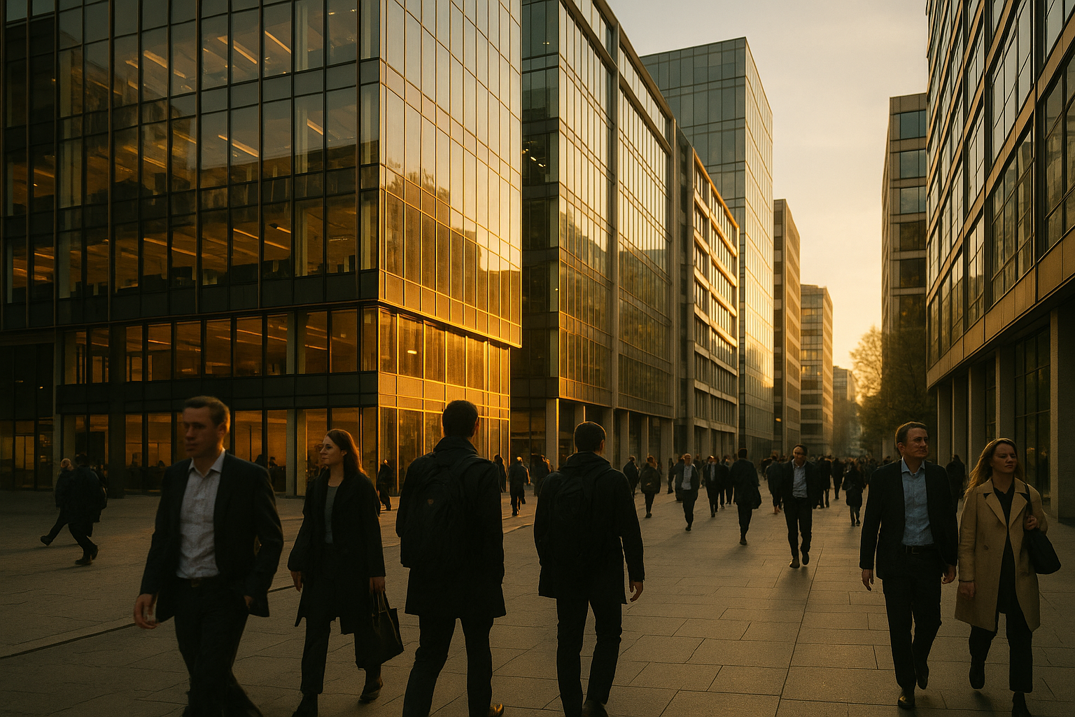Glass office towers in London's Knowledge Quarter at dusk