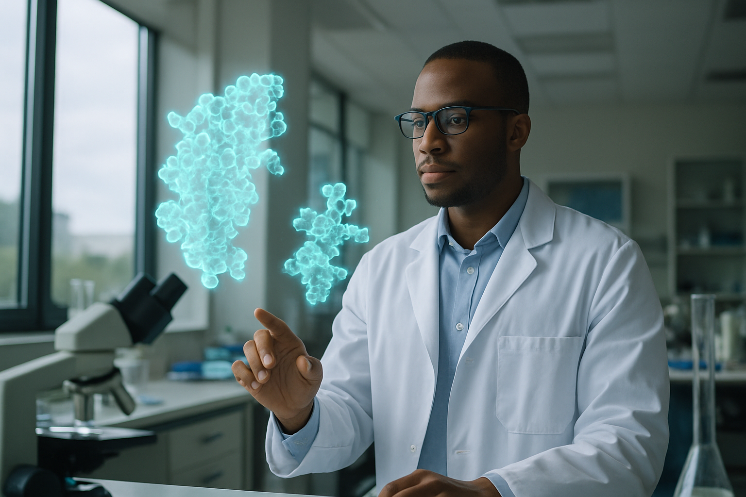 Researcher examining molecular structure data on a laboratory screen