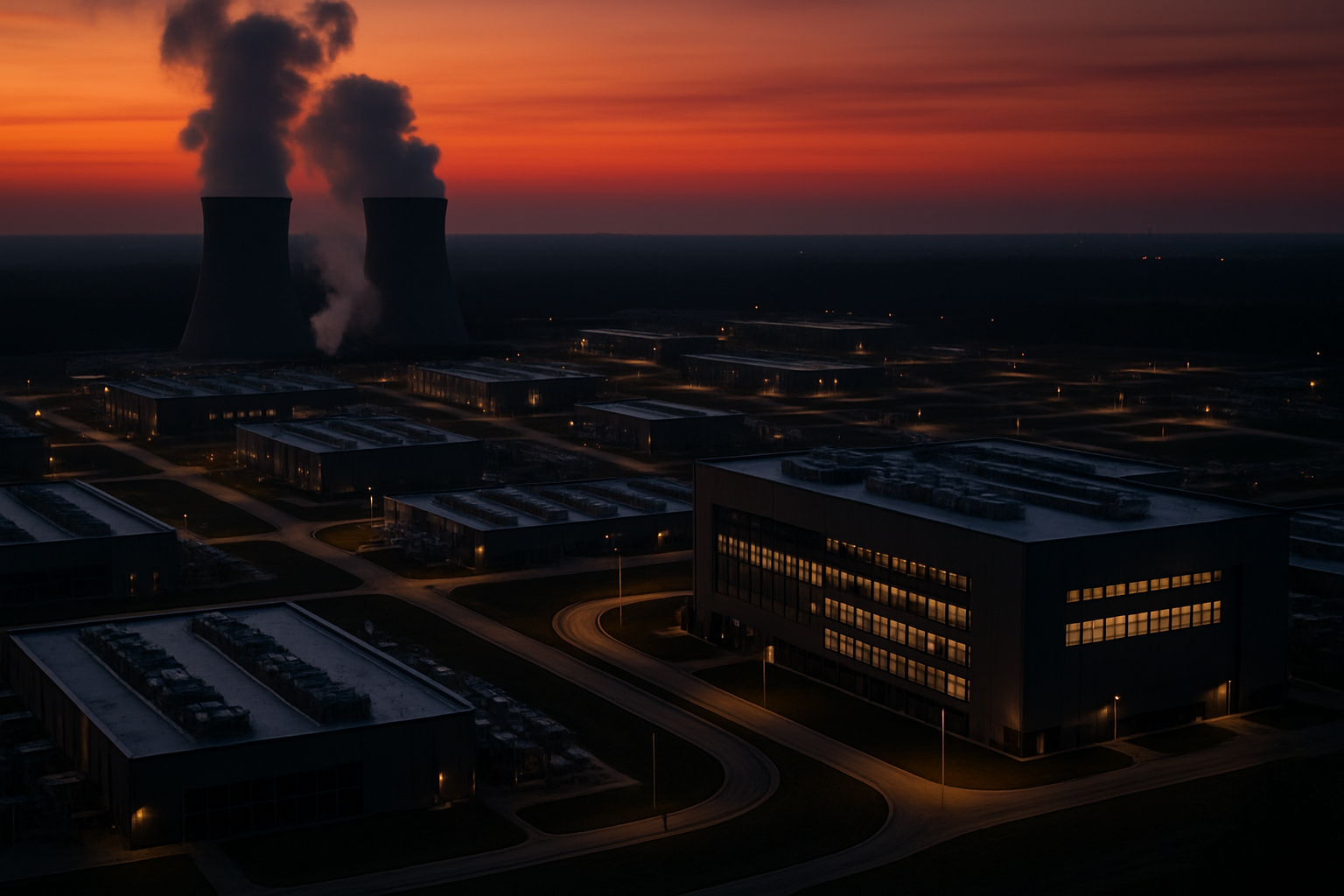 Rows of servers in a vast data center, dimly lit with blue indicator lights