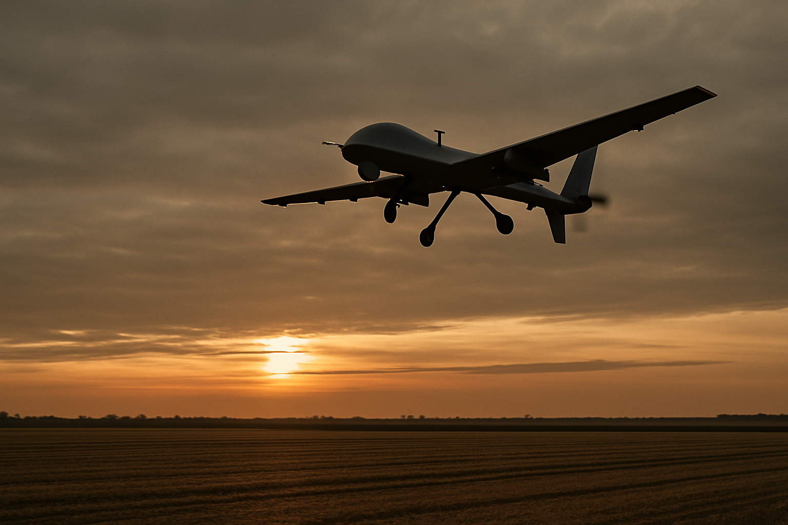 Fixed-wing drone flying at low altitude over an industrial landscape at dusk