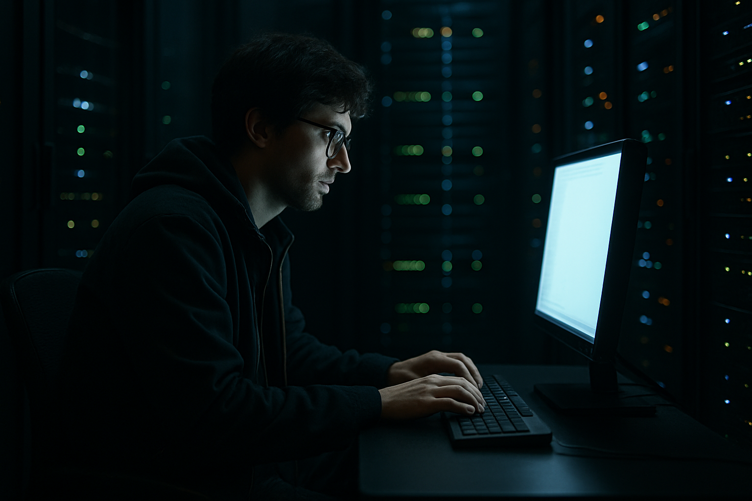Security researcher at a glowing terminal in a dark server room, subject positioned left of centre