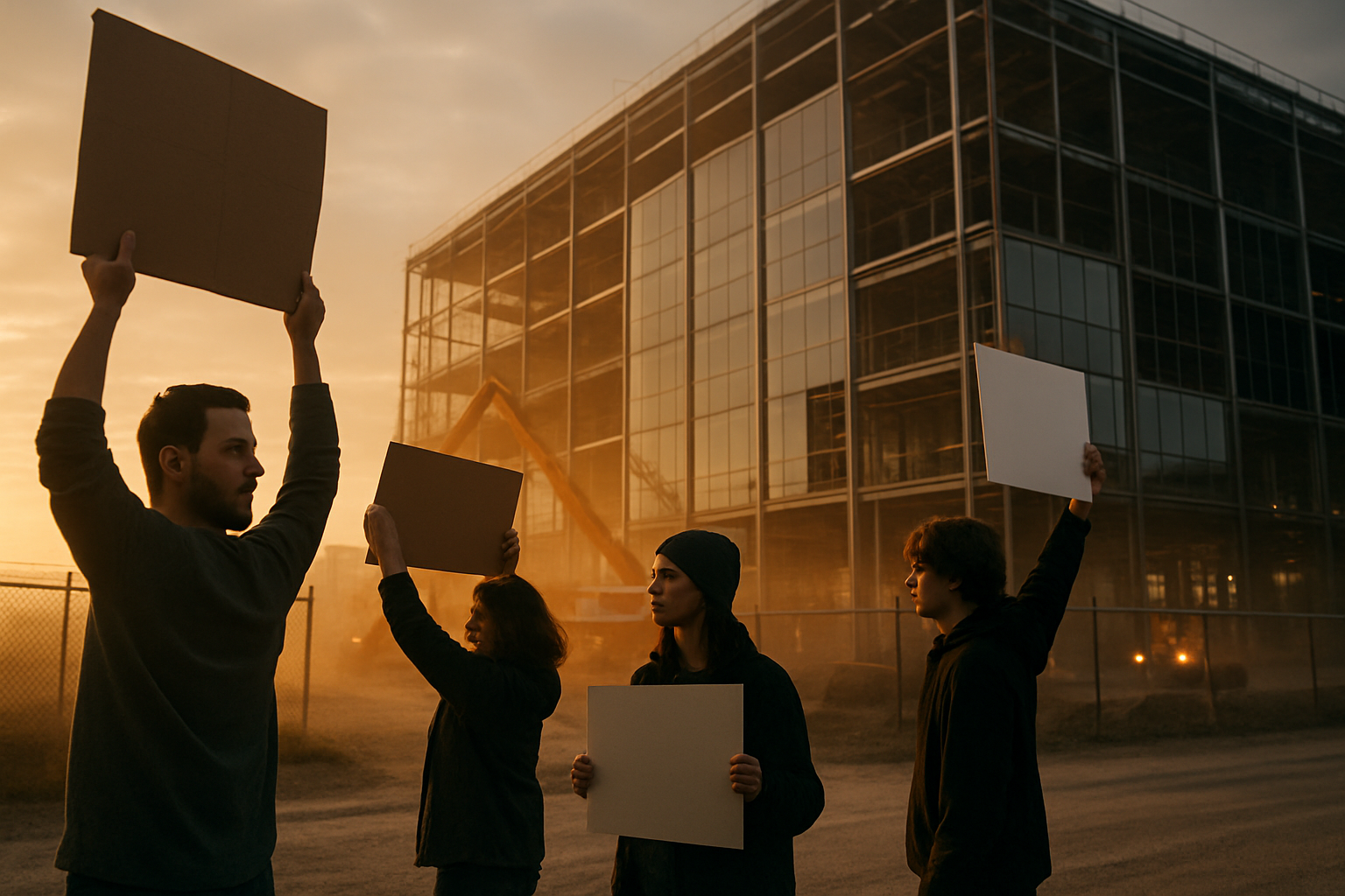 Protestors outside a data center construction site at dusk
