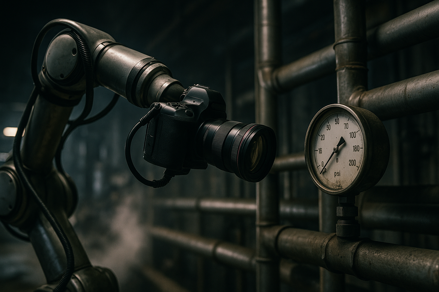 A robot arm reading a pressure gauge in an industrial facility