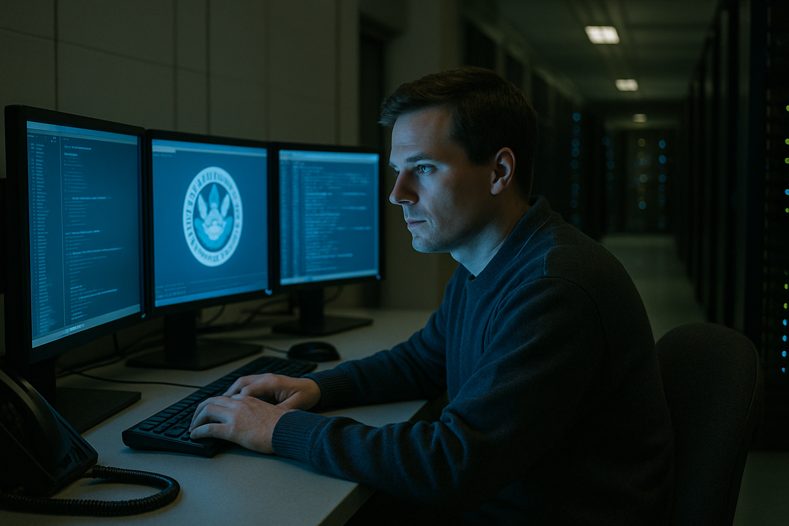 Server room bathed in blue light, a lone figure reviewing screens