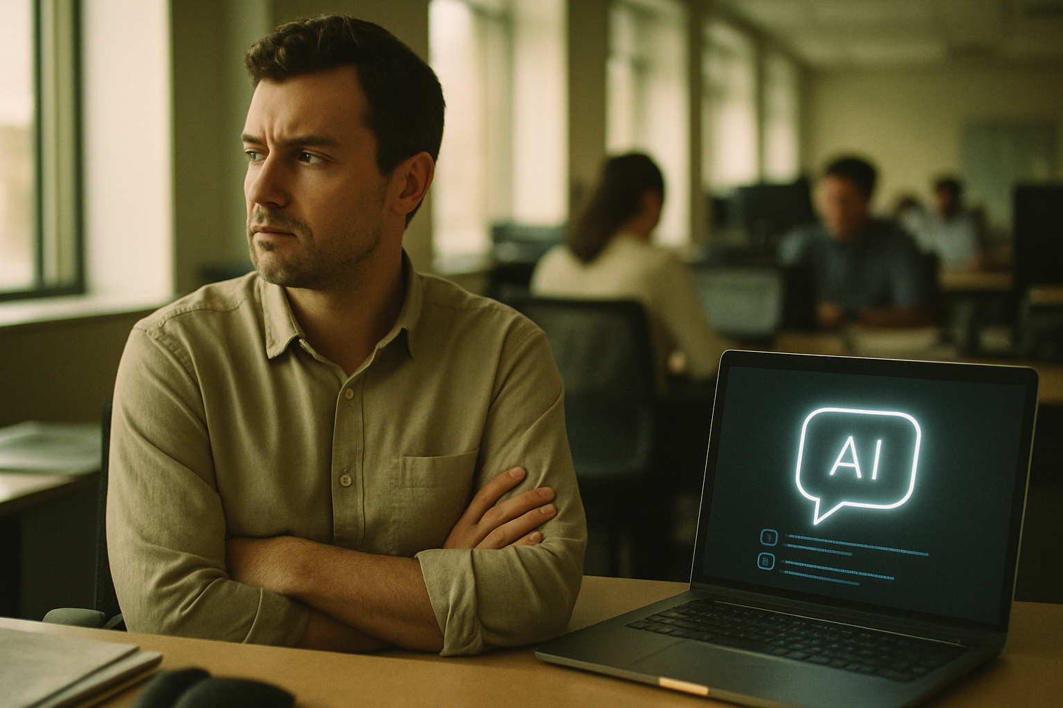 Office worker ignoring an AI interface on their laptop screen