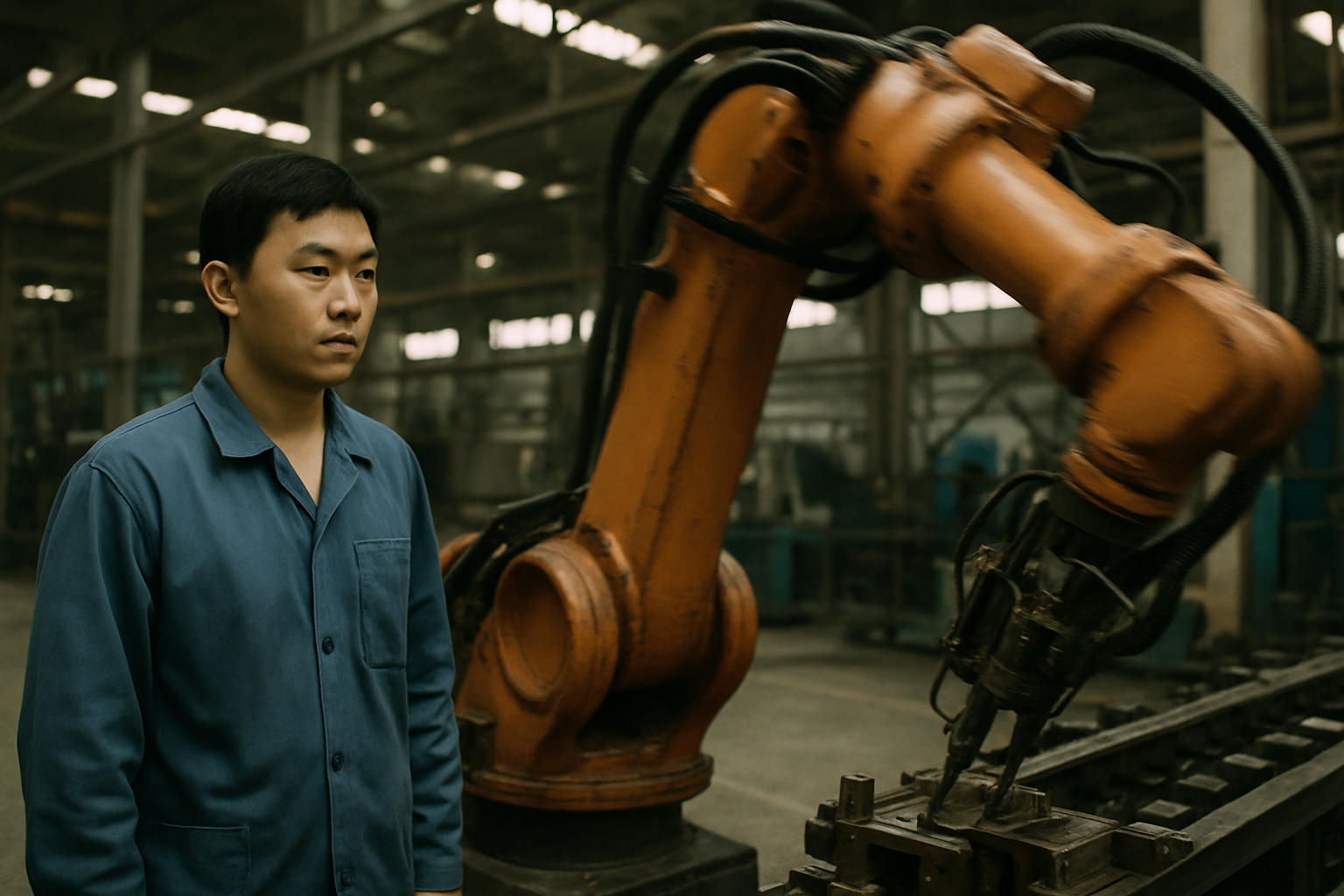 Industrial robot arms assembling components on a factory floor in China, workers visible in the background