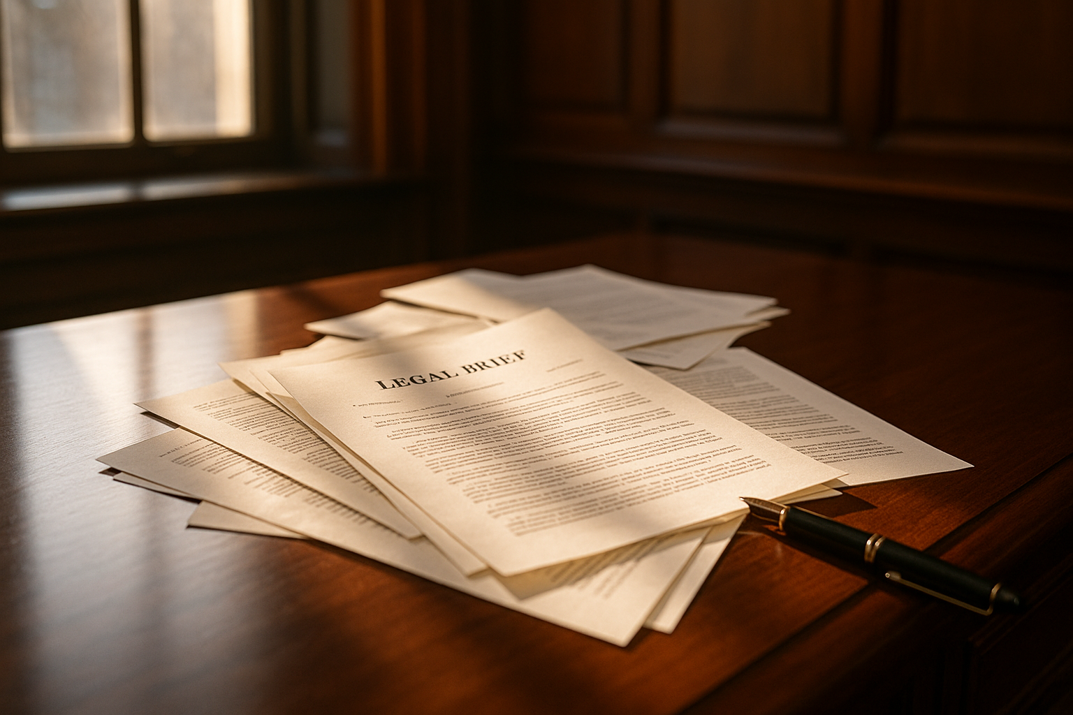 Empty courtroom with papers scattered across a wooden desk, morning light from high windows