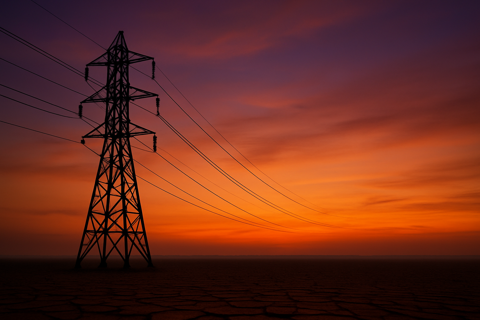 Electrical transmission tower at dusk with power lines crossing an empty landscape
