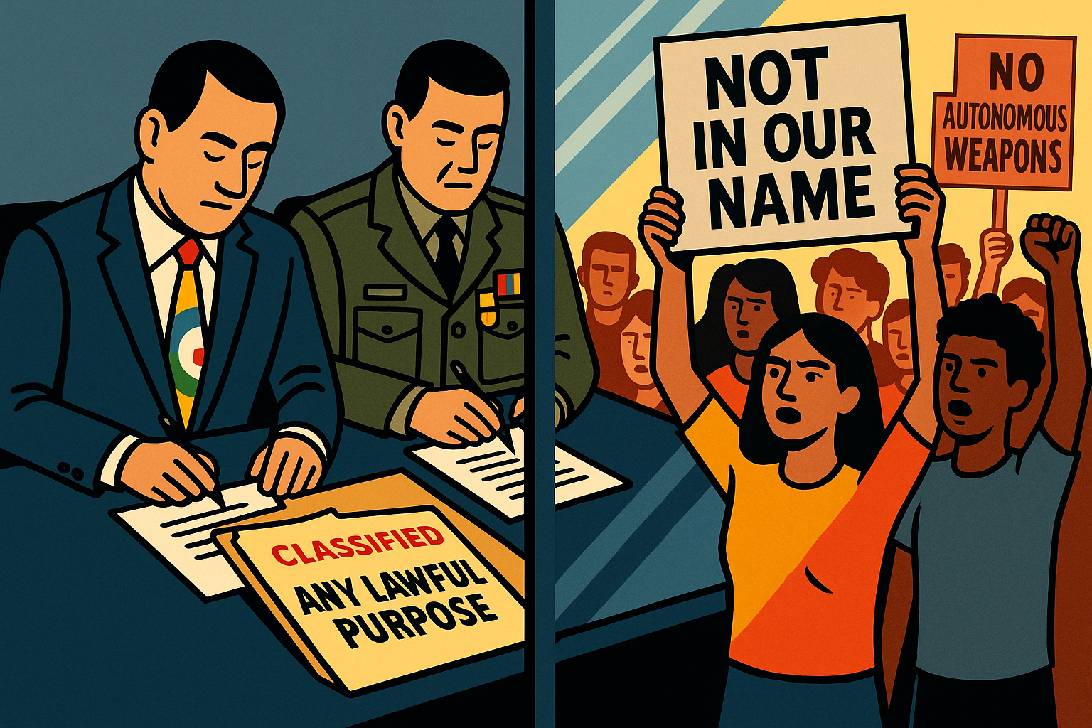 Split scene: Google and military officials sign a classified deal while tech workers protest outside holding signs reading Not In Our Name