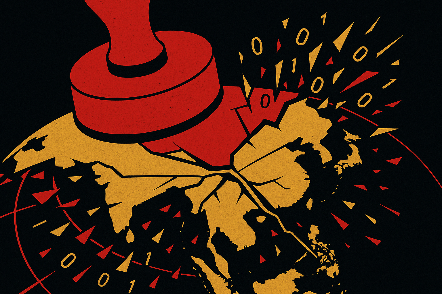 Abstract illustration: a red regulatory stamp descending on a fractured map showing Singapore and China connected by broken lines, surrounded by scattered binary code fragments in gold and black
