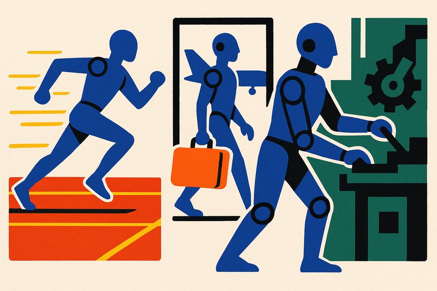 Three stylised robot silhouettes in cobalt blue — one running on a track, one lifting luggage at an airport, one working in a factory