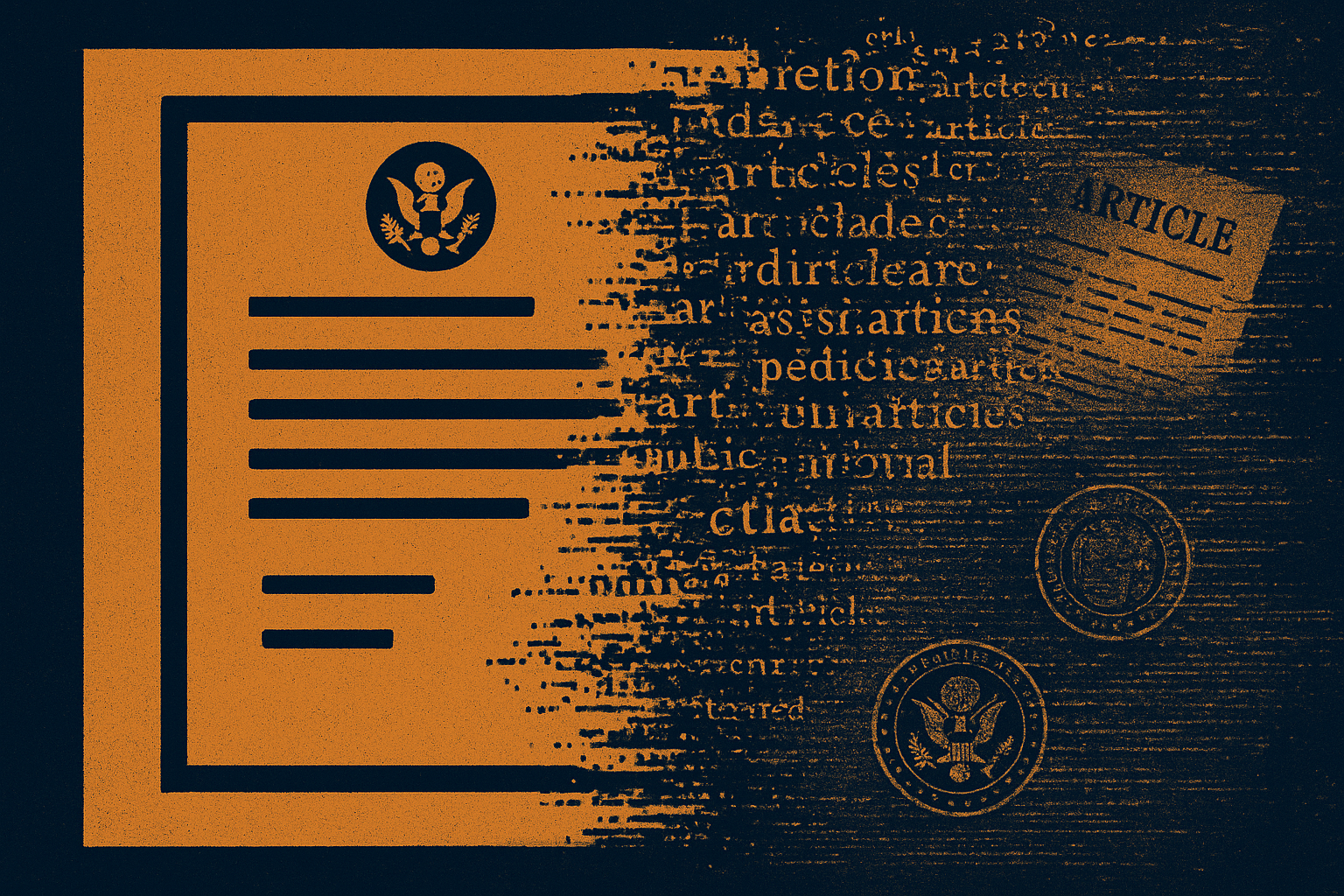 Abstract illustration of fractured documents and phantom citations dissolving into digital noise
