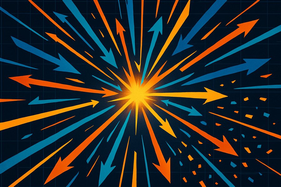 Abstract illustration of fragmented arrows moving at different speeds, some colliding, against a grid background
