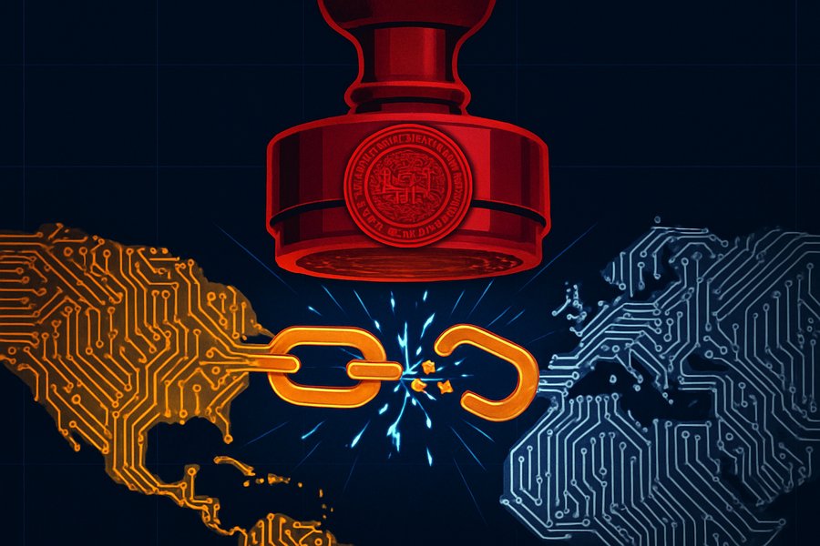A great wall of red tape and government seals dividing a digital map, with tech startup logos caught on either side
