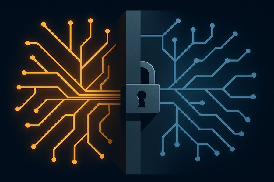 Abstract illustration of a classified vault door with a glowing AI circuit pattern on one side and a padlock on the other