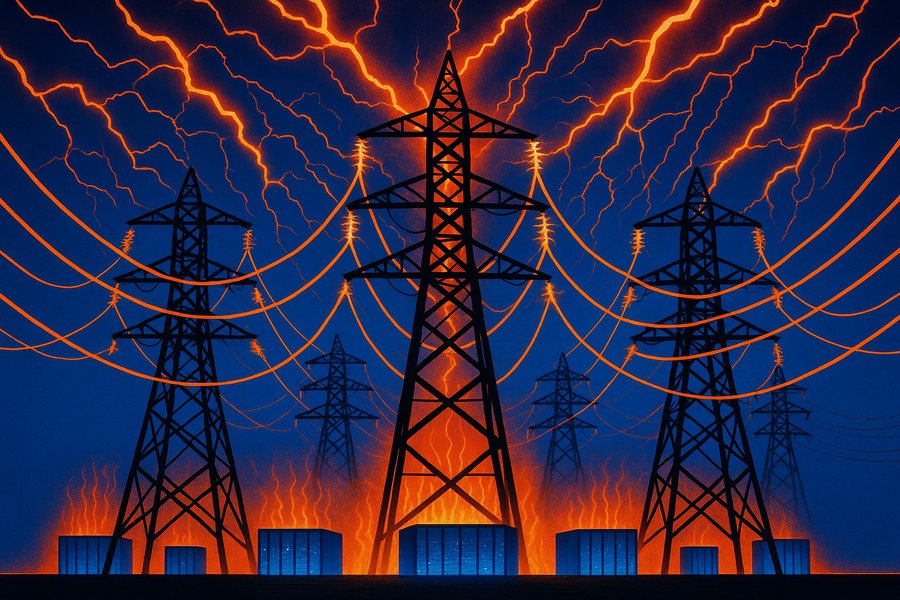 Power transmission towers straining under surging electricity demand from AI data centers