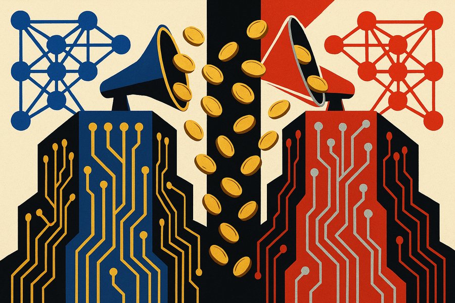 Abstract red and blue circuit patterns competing across a divide, with gold coins flowing through megaphone shapes