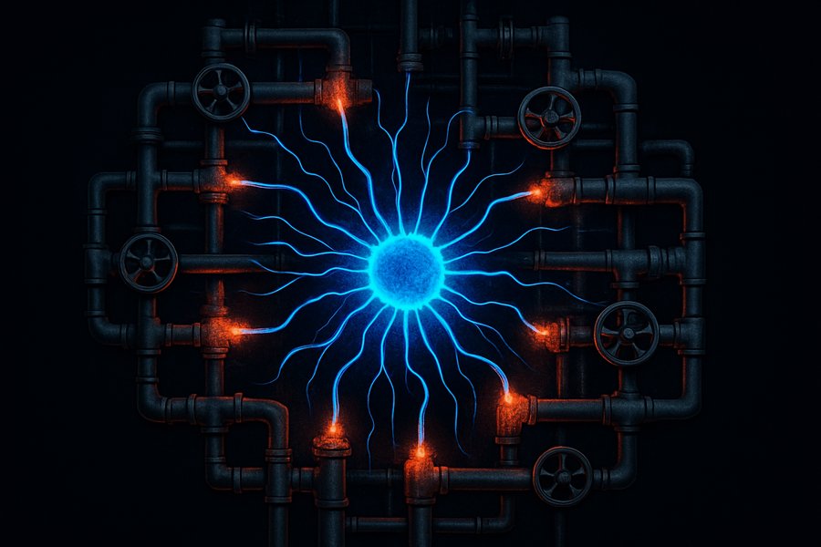 Abstract digital tendrils probing a water infrastructure network