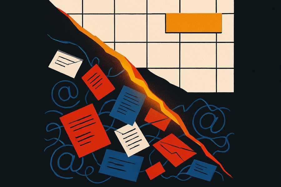 Cracked corporate facade revealing private documents underneath