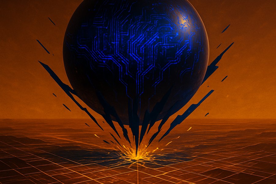 Abstract visualization of a large hidden file silently materializing inside a digital landscape