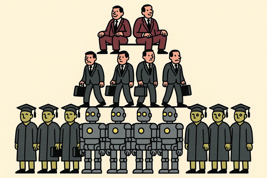 Abstract illustration of a dissolving employment pyramid with digital particles