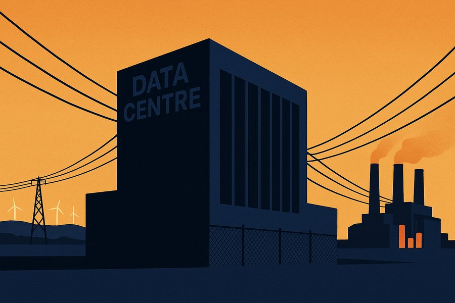 Power lines stretching from a wind farm and a fossil fuel plant toward a large data centre building at dusk