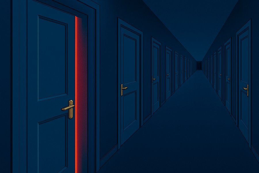 A corridor of identical closed doors with one hairline crack of red light
