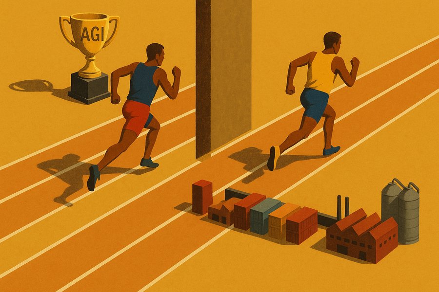 Two runners sprinting on parallel tracks toward different finish lines