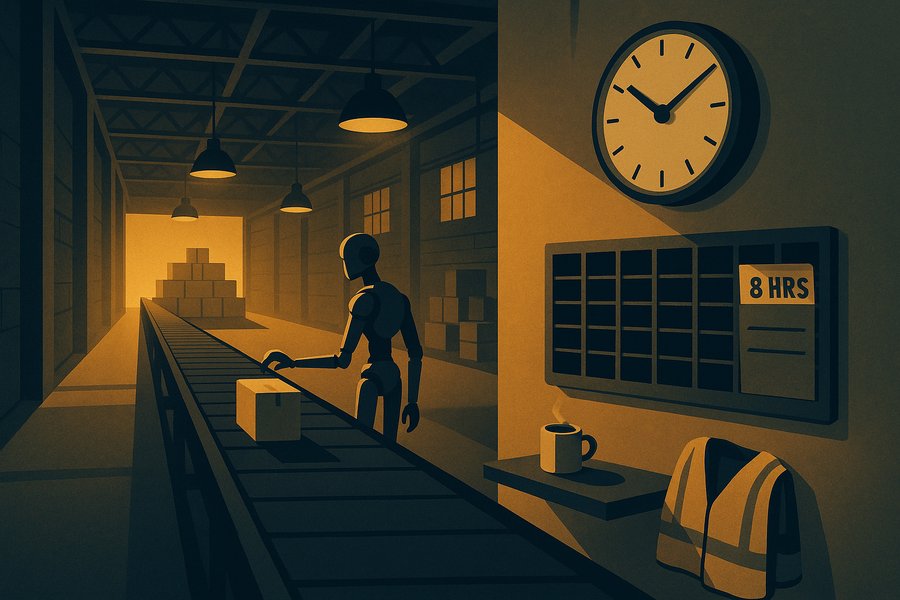 Humanoid robot on a conveyor belt completing a full factory shift, editorial illustration