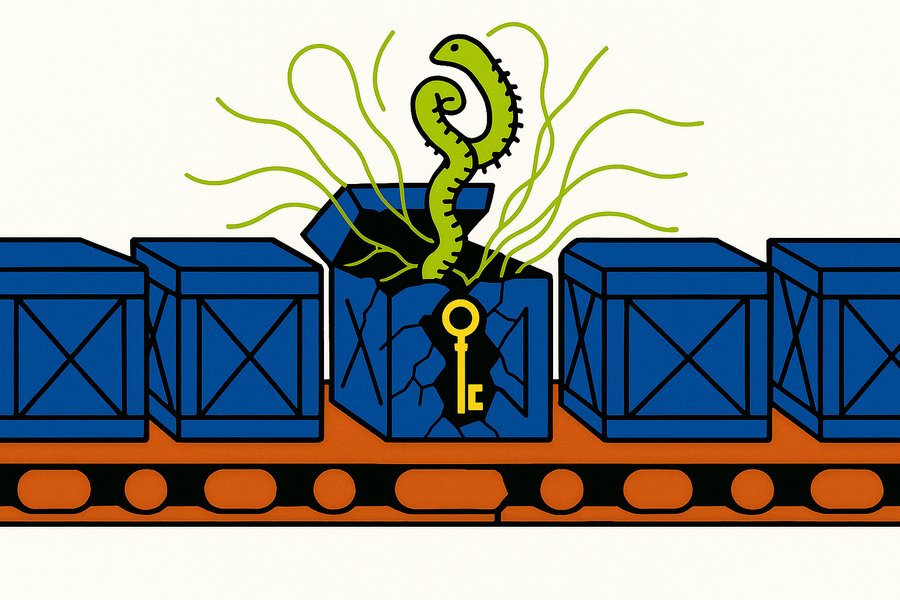 Cobalt-blue shipping crates on a conveyor belt, one cracked open revealing lime-green worm tendrils spreading between the others