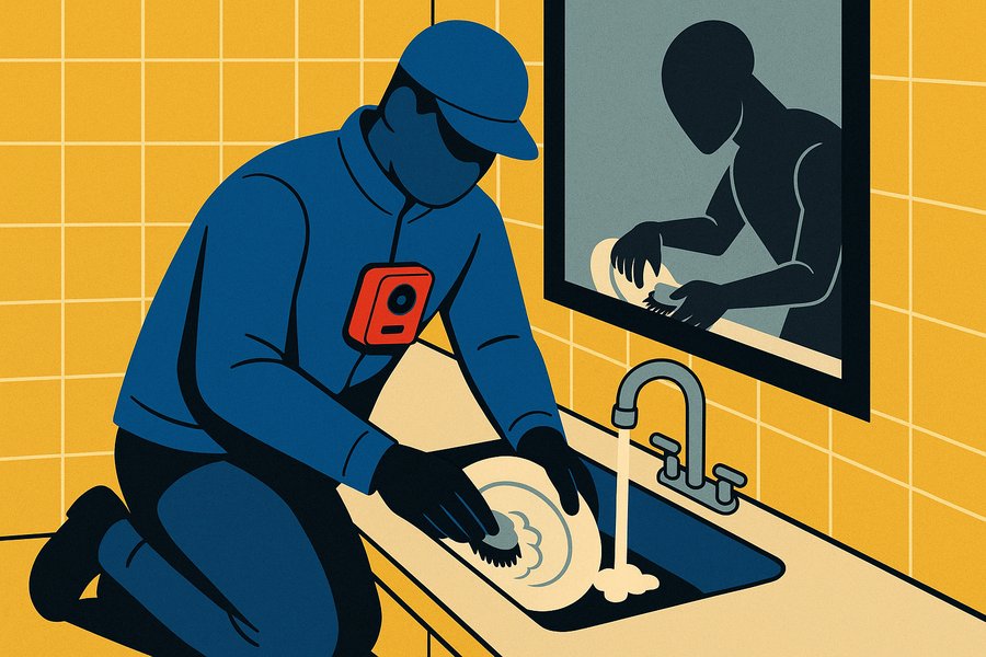 Delivery courier scrubbing dishes with body camera, robot arm reflected in the window above