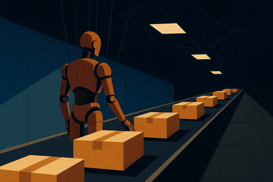A humanoid robot at a conveyor belt, with puppet strings rising into shadow above