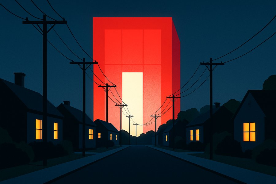A glowing red data center towering over a street of dimly lit houses, power lines converging into it