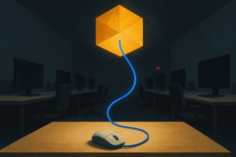 A solitary computer mouse on an empty desk with its cable arcing upward as a luminous trail of cobalt blue light feeding a glowing ochre cube overhead