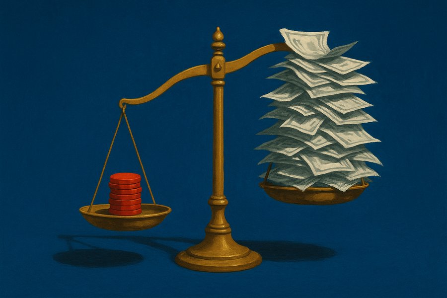 A pair of weighing scales, one side heavy with gold coins, the other piled with stacks of paper dollars, illustrating two different paths to profitability