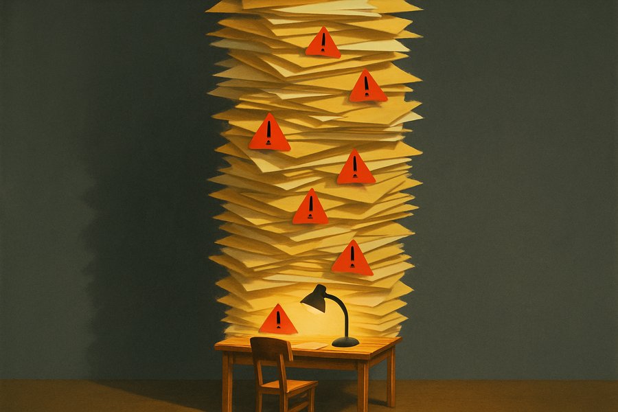 A towering stack of red-flagged paper folders crowds a single small desk, evoking the cybersecurity verification bottleneck.