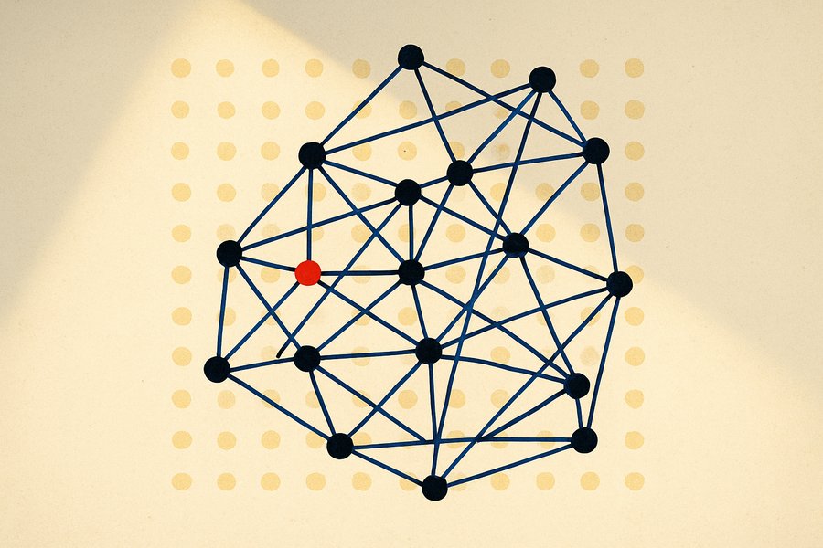 A constellation of dots arranged in an intricate non-grid pattern superseding a fading square grid behind it.