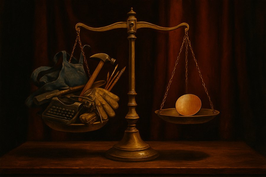 A weathered set of brass scales, one pan piled with hand tools and worker's overalls, the other pan empty except for a single silicon wafer, against a deep ochre wall.