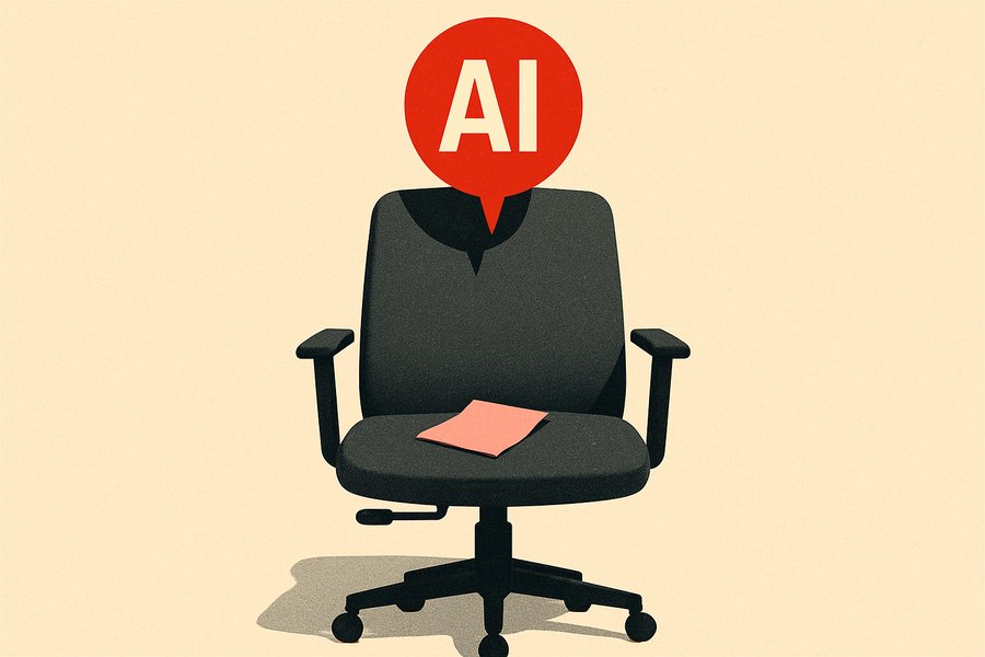 An empty office chair with a pink slip resting on it, lit from above like a stage prop