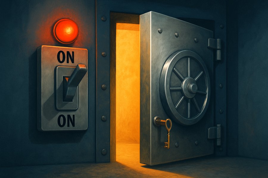 An hourglass with sand running out, casting a long shadow across an open vault door.