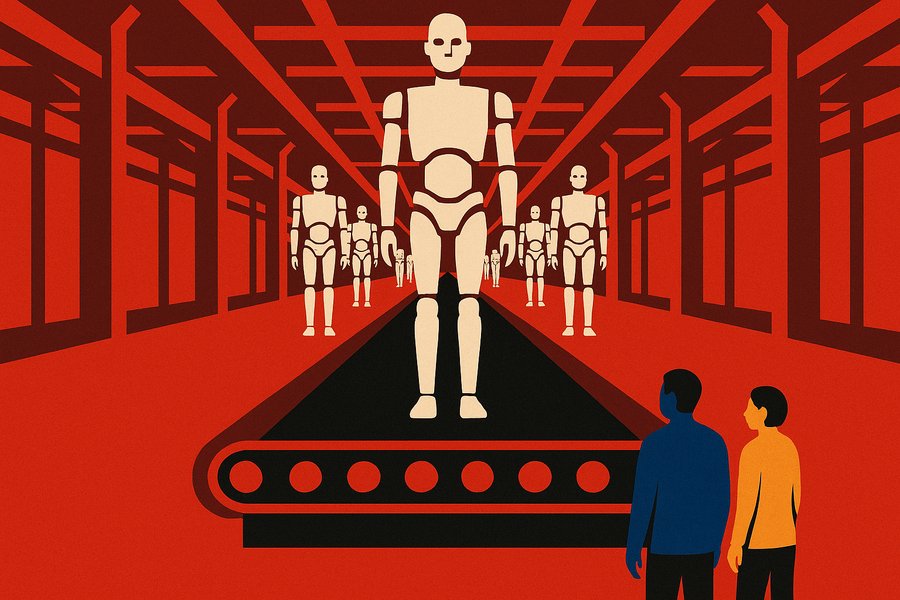 A red-lit factory hall where a conveyor carries a receding line of identical humanoid robots, watched by two small figures dwarfed in the foreground.