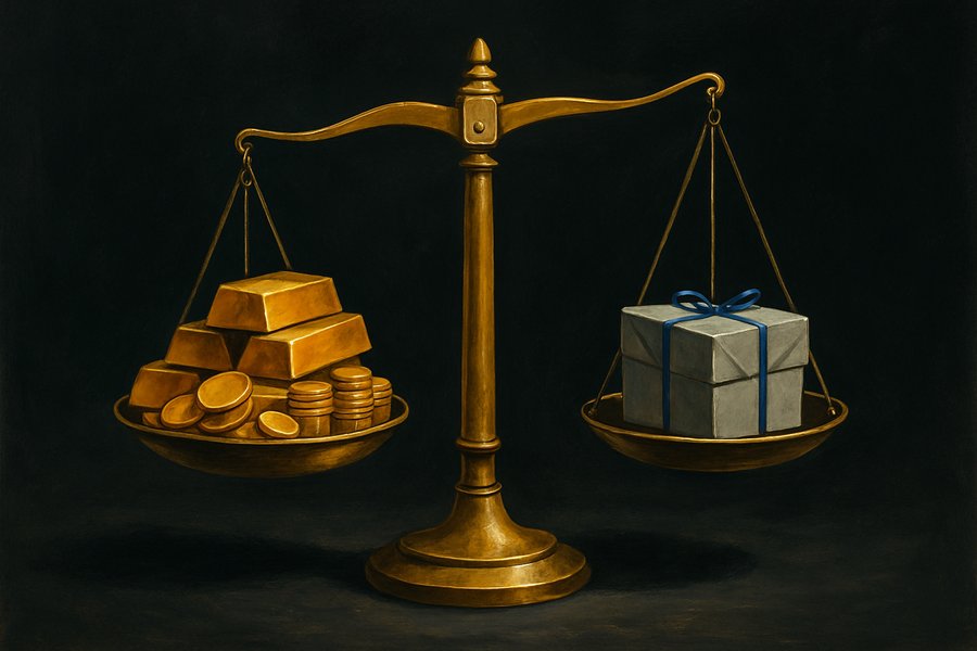 A brass balance scale: a heap of gold bars and coins sinks one pan low while a small plain grey gift box rides high on the other.
